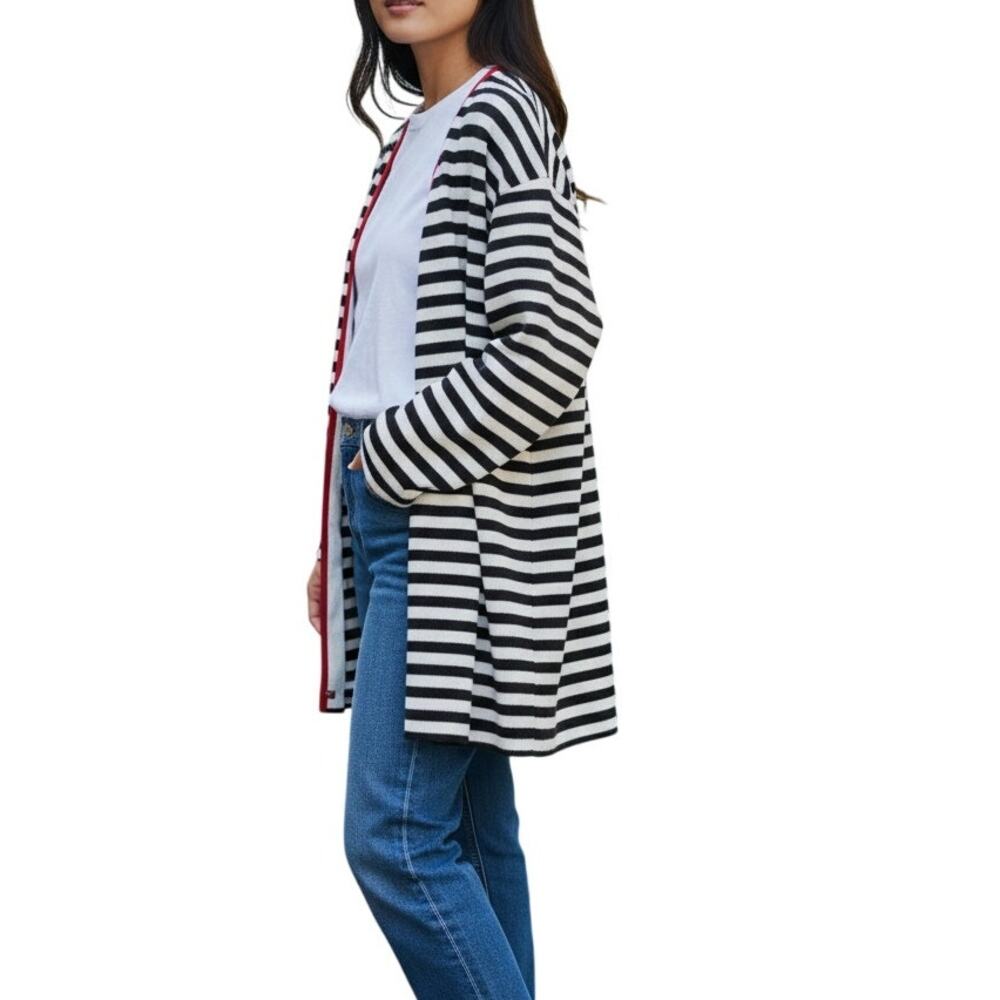 Vintage Black White Stripe Cardigan Womens Sz Large 80s Coastal Chic Mod Artsy